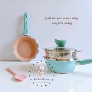  [Sakura] Bộ nồi chảo kèm xửng hấp men đá hình hoa, chế biến ăn dặm cho bé